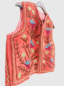 Gilet en velours orange brodé de fleurs pour femme, style bohème, sans manches, fait main, col en V, vêtement d'extérieur - Product Image 2