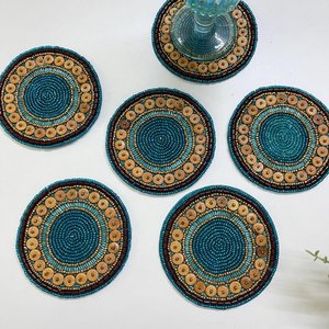 Handmade Round Beaded <b>Coaster</b> With Wood Buttons Blue And Brown Design For Table Decor - Product Image 2