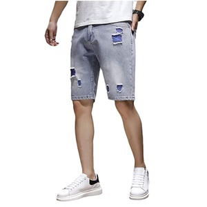 กางเกงขาสั้นเดนิมสีฟ้าอ่อนสำหรับผู้ชาย ทรงขาดๆ เอวกลาง มีเชือกผูก ปิดด้วยผ้าทอสีพื้น ระบายอากาศได้ดี ผ้าฝ้าย แห้งเร็ว - Product Image 6