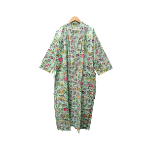 Bata Kimono de Algodón Floral Verde Salvia, Manga Larga, Cuello en V, Hecha a Mano, para Descanso y Spa, Larga, con Bolsillos - Product Image 1
