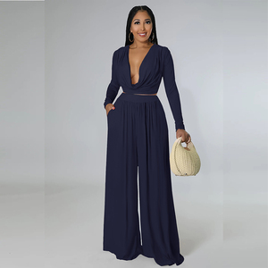 Nuevo Conjunto de Dos Piezas para Mujer, Cuello en V, Color Sólido, Sostenible, Transpirable, Traje de Otoño, Top Corto de Manga Larga, Pantalón de Pierna Ancha, Cintura Alta, Talla XL - Product Image 5