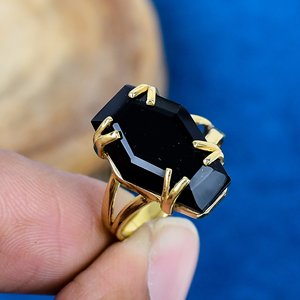 Handmade Black Onyx Gemstone Coffin Shape <b>Ring</b> 18k <b>Gold</b> Micron Over 925 Sterling Silver - Product Image 1