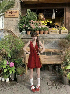 Vestido de Fiesta Rojo Tejido sin Mangas con Cuello en V, Lazo, Largo hasta la Rodilla, Dobladillo con Volantes, Elegante y Femenino, de Poliéster de Secado Rápido, Natural - Product Image 6