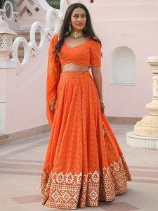Tenue de fête de luxe : Lehenga orange avec bordure dorée épaisse – Broderie géométrique au fil, semi-couturé, tenues ethniques pour femmes - Product Image 1
