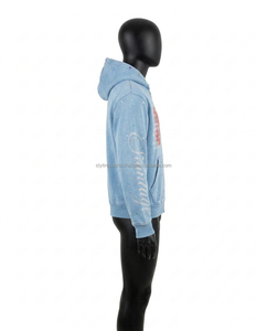 Custom Y2K Streetwear Rhinestone Zip Hoodie Men Heavyweight Washed <b>Blue</b> Solid Graphic Acid Wash Regular Fit High Quality Fleece - Product Image 3