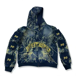 เสื้อฮู้ดซิปพิมพ์ลายทั้งตัวแบบกำหนดเอง รุ่นวินเทจสีเขียวฟอกย้อมลายเทวดาประดับคริสตัล สไตล์สตรีทแวร์ - Product Image 3