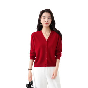 Women's Red V-Neck Knit Cardigan Full Sleeve Solid Color Button Front Elegant Autumn Wear 100% Acrylic Regular Fit - Product Image 1