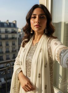 Ensemble prêt-à-porter entièrement cousu avec haut en faux georgette orné de broderies Zari et de pierres véritables, pantalon Sharara et dupatta. - Product Image 3