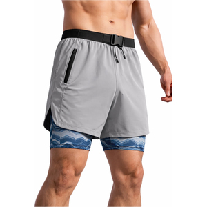 Men 2 in 1 Double Layer Sports <b>Shorts</b> Quick Dry With <b>Zipper</b> Pockets Floral Print Drawstring Waist Mid Length Athletic <b>Short</b> - Product Image 2