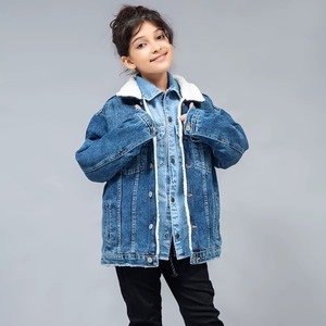 Kids Girls Blue Oversized Denim <b>Jacket</b> with <b>White</b> Sherpa Collar Button Up Casual Jean <b>Jacket</b> OEM Wholesale Factory Supply - Product Image 2