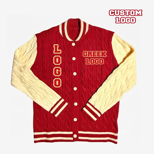 Wholesale <b>Custom</b> Red White Cable Knit Button Up Varsity Cardigan Chenille Patch Sorority Sweater Unisex Greek Apparel - Product Image 1