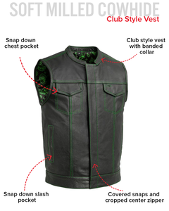 Gilet de moto en cuir véritable de qualité supérieure pour hommes, noir et vert, veste sans manches pour motards avec un design minimaliste et des coutures robustes - Product Image 2