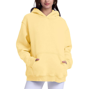 Unisex Yellow Oversized Hooded Sweatshirt Solid Color Casual French Terry <b>Pullover</b> With Pocket Regular Sleeve Fit - Product Image 2
