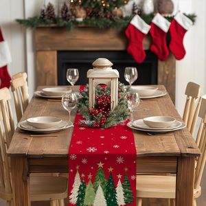 13x72 Inch Christmas Table Runner Farmhouse Decorative Kitchen Dining Table Decorations Xmas Trees Snowflakes Christmas Lights - Product Image 1