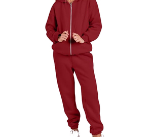 Chándal con capucha de color liso para mujer, cierre de cremallera completa, al por mayor, rojo, 100% algodón, material de peso medio, bolsillos laterales - Product Image 4