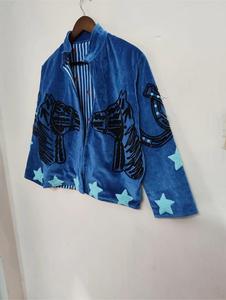 Premium Blue <b>Velvet</b> Embroidered Suzani <b>Jacket</b> With Horse And Star Pattern Full Sleeve Stand Collar Bohemian <b>Women</b> Winter Coat - Product Image 4