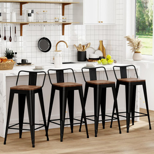 Metal Bar <b>Stools</b> Set of 4 Counter Height Barstools <b>with</b> Removable <b>Back</b> Kitchen Bar <b>Stools</b> <b>with</b> Wooden Seat, Black - Product Image 2