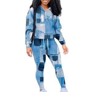 Conjunto de sudadera y leggings de 2 piezas con estampado de mezclilla para mujer, con capucha, manga larga, ropa deportiva informal, corte regular, para todas las estaciones - Product Image 1