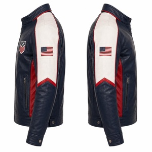 Blouson Bomber Moto en Cuir Bleu Marine pour Homme avec Logo Personnalisé, Patch Drapeau Américain, Col Montant Décontracté – Vente en Gros - Product Image 2