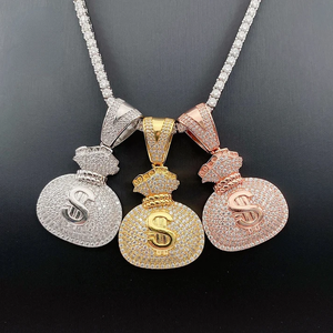 s925 silver money <b>bag</b> pendant moissanite iced out hip hop necklace <b>charm</b> for men women cz simulated diamond silver gold plated - Product Image 2