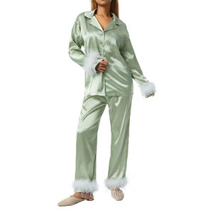 Ensemble de pyjama en satin respirant pour femme, imprimé numérique, manches courtes, col en V, longueur intégrale, taille élastique, tenue de nuit estivale - Product Image 3