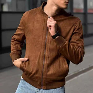 Autumn Suede Solid Color <b>Men's</b> Stand Collar Zipper Jacket Casual Retro Long-Sleeved Raised Rubber Print <b>Cardigan</b> for <b>Men</b> - Product Image 2