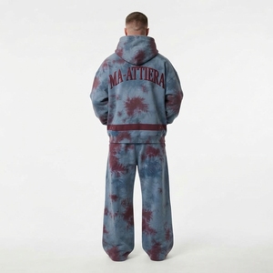 Men Blue <b>Burgundy</b> <b>Tie</b> Dye Zip Up Hoodie Wide Leg Pants Set Stud Detail Streetwear Tracksuit Custom OEM ODM - Product Image 2