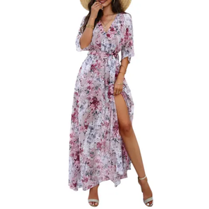 Robe longue en mousseline à imprimé floral, col en V, style cache-cœur, avec fente latérale, manches trois quarts, coupe ample, romantique, pour femme, idéale pour l'été - Product Image 1