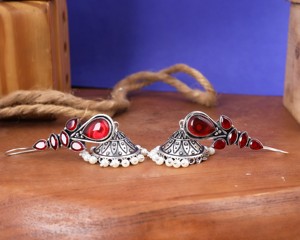Wholesale <b>Oxidized</b> Silver Red Gemstone Bollywood Jhumka Earrings Bulk Supplier Direct Factory Manufacturer - Product Image 3