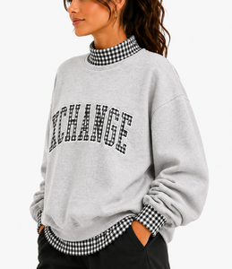 Sweat-shirt oversize à col rond pour femme XCHANGE, gris, en coton mélangé tricoté, imprimé lettres, pull décontracté, style automne - Product Image 2