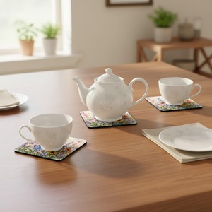 Modern Handmade Square Tableware <b>Coaster</b> Set Wildflower MDF with Natural <b>Cork</b> Backing 9cm Diameter From REHMAN CRAFT - Product Image 1