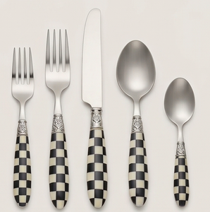 Checkered Handle Silver Plated Flatware Set Dishwasher Safe <b>Vintage</b> Design Wedding <b>Cutlery</b> 5 Piece And Hotel Use - Product Image 1