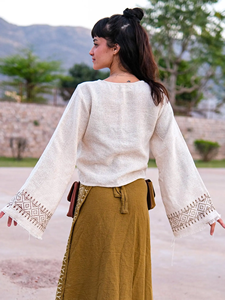 Handmade Cream Khadi Cotton Bell Sleeve Embroidered <b>Festival</b> <b>Top</b> for Women Relaxed Fit Lightweight Hippie Gypsy Shirt - Product Image 3
