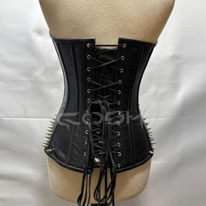 Fullbust Steelboned Black Leather <b>Corset</b> With Spikes Decoration On Top And Bottom / Clasp Closure <b>Corset</b> - Product Image 4
