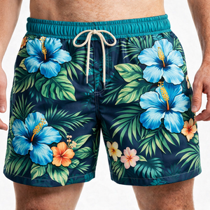 Traje de Baño para Hombre, Estampado Floral Tropical, Secado Rápido, Cintura Media, Cordón Ajustable, Shorts Casuales, 100% Poliéster Tejido - Product Image 1