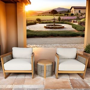 Set di Mobili da Patio in Legno di Acacia a 3 Pezzi con Cuscini Beige e Tavolino Finitura Teak per Uso Esterno - Product Image 2