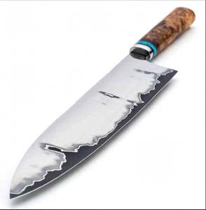 Couteau de chef artisanal en acier San Mai à haute teneur en carbone, manche en bois de burl avec accent turquoise, outil culinaire - Product Image 2