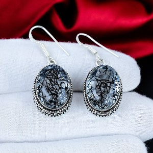 Boucles d'oreilles pendantes en quartz rutile noir, argent sterling 925, bijoux ovales faits à la main en argent pour femme, cadeau - Product Image 1