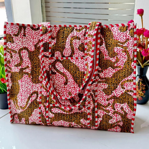 Quilted Cotton <b>Boho</b> Gingham Green Stripe Handprinted Reversible Large Tote <b>Bag</b> Eco-Friendly Sustainable Sturdy Grocery Fashion - Product Image 1