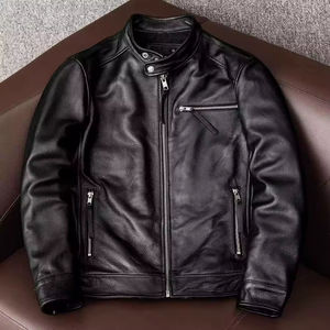 Veste bomber en cuir véritable noir jais pour homme, de haute qualité, sur mesure, avec fermeture éclair et col rabattu, élégante, 100% coton, écologique - Product Image 1