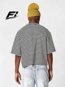 Camisetas Cortas de Alta Calidad para Hombre, a Rayas, 100% Algodón, Manga Corta, Corte Holgado, Transpirables, Ropa Urbana Personalizada al por Mayor, Estilo Americano - Product Image 2