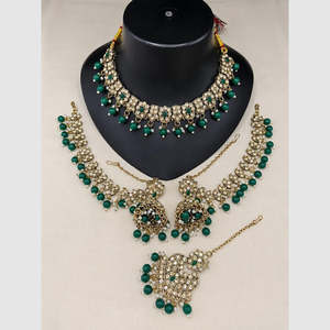 24K Gold Plated Imitation Pearl and <b>Crystal</b> Necklace <b>Set</b> with Maang Tikka - Product Image 2