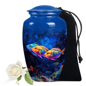 Urne funéraire bleue pour animaux de compagnie, pour cendres de chat et de chien, avec motif de poisson coloré, grande urne décorative, urne commémorative pleine grandeur - Product Image 1
