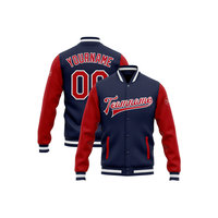 Veste universitaire personnalisée pour homme, bleu marine, manches rouges, nom de l'équipe brodé, logo, lettrage personnalisé, style preppy, vêtements d'automne