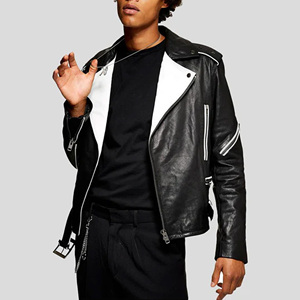 Blouson de motard personnalisé pour homme en cuir véritable noir avec revers contrastants blancs, manteau de moto coupe ajustée en peau de mouton souple bicolore - Product Image 1