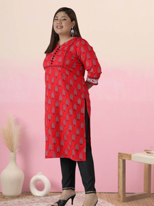 Conjunto de Dos Piezas de Kurti Recto con Estampado Floral de Algodón para Tallas Grandes, Rojo, Informal, Cómodo para el Verano, Largo hasta la Rodilla - Product Image 4