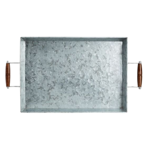Plateau de service rectangulaire en métal, style rétro solide et durable avec poignées en bois pour la cuisine, plateau de service pour dîner à la maison - Product Image 2
