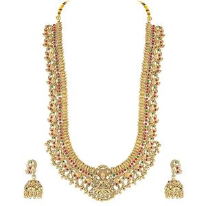 Parure de bijoux plaqué or avec collier long et boucles d'oreilles en alliage, ornée de perles, design temple indien du Sud, pour femme, idéale pour mariage et soirée, bijoux de mode ethniques - Product Image 2
