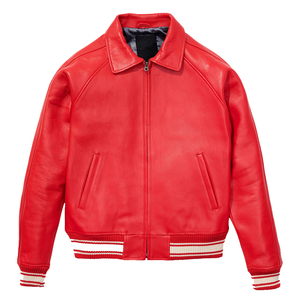 Men's Red Cow <b>Leather</b> Bomber <b>Jacket</b> Turn-down Collar Zipper Closure Regular Sleeve Solid Color Autumn Biker Style - Product Image 1