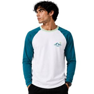 <b>White</b> And Teal Blue Raglan Long Sleeve T Shirt Men Premium Cotton Crew Neck Graphic Baseball Tee Custom OEM Streetwear Apparel - Product Image 1